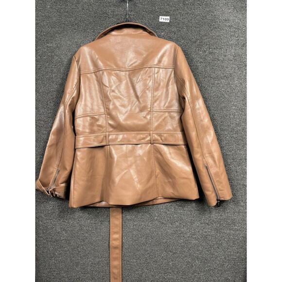 Kenneth Cole Jacket Womens Small Brown Faux Leather Belted Moto Zip Pockets - Picture 2 of 7